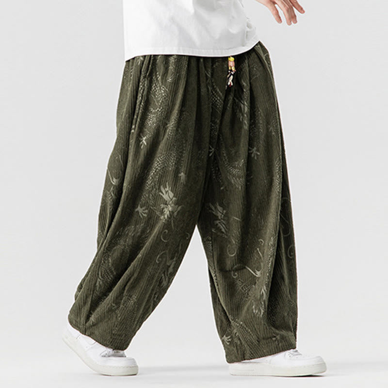 Buddha Stones Winter Dragon Phoenix Pattern Cotton Corduroy Men's Harem Pants With Pockets - image 5