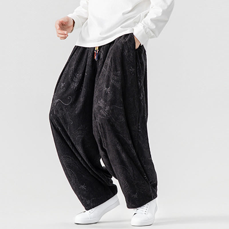 Buddha Stones Winter Dragon Phoenix Pattern Cotton Corduroy Men's Harem Pants With Pockets - image 36