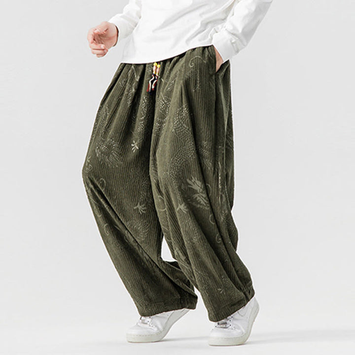 Buddha Stones Winter Dragon Phoenix Pattern Cotton Corduroy Men's Harem Pants With Pockets - image 6