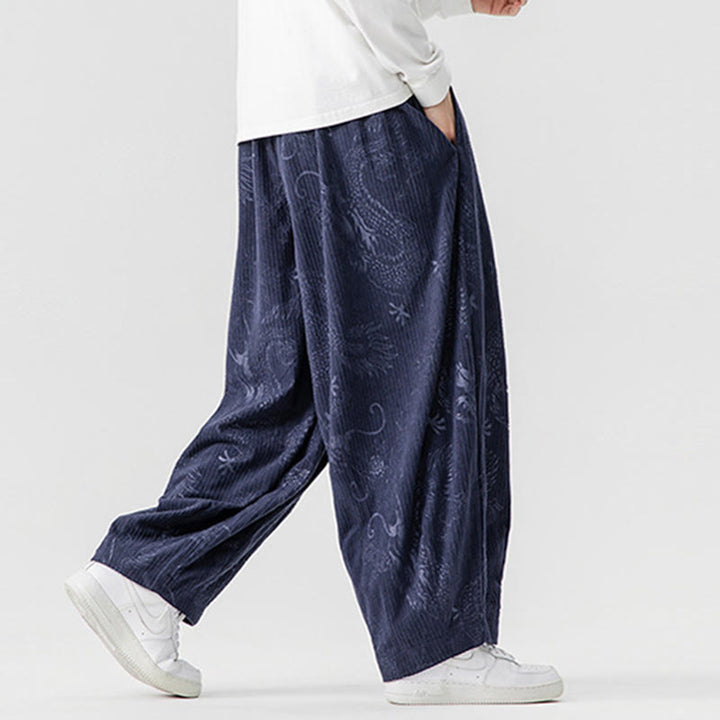 Buddha Stones Winter Dragon Phoenix Pattern Cotton Corduroy Men's Harem Pants With Pockets - image 21