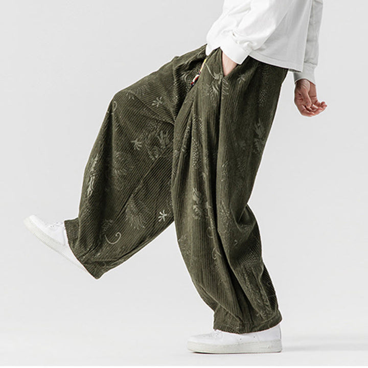 Buddha Stones Winter Dragon Phoenix Pattern Cotton Corduroy Men's Harem Pants With Pockets - image 7