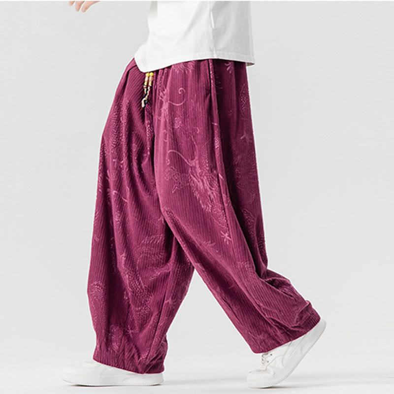 Buddha Stones Winter Dragon Phoenix Pattern Cotton Corduroy Men's Harem Pants With Pockets - image 13