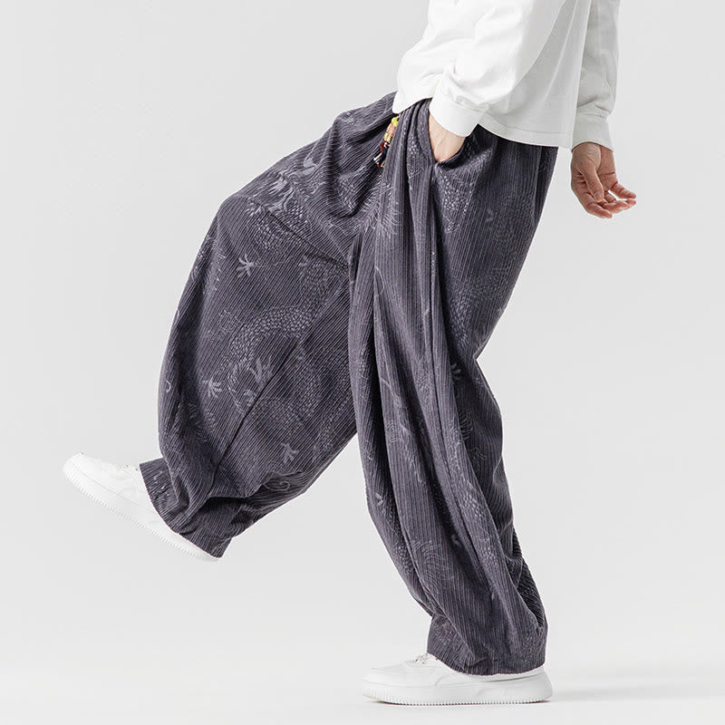 Buddha Stones Winter Dragon Phoenix Pattern Cotton Corduroy Men's Harem Pants With Pockets - image 30