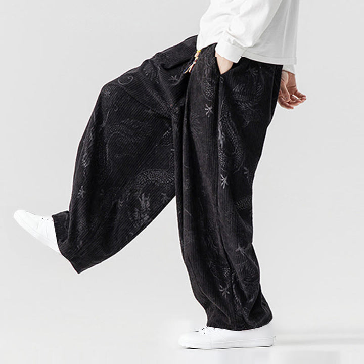 Buddha Stones Winter Dragon Phoenix Pattern Cotton Corduroy Men's Harem Pants With Pockets - image 37