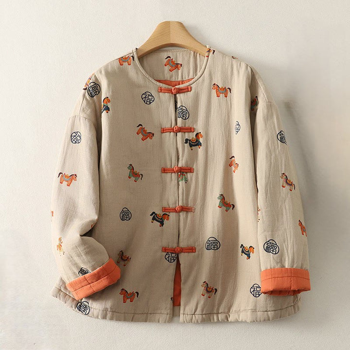 Buddha Stones Horse Fu Character Pattern Frog-Button Design Women's Cotton Long Sleeve Thickened Jacket - image 2