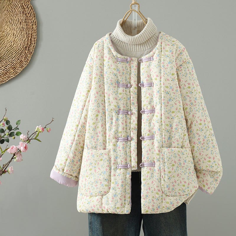 Buddha Stones Button Design Floral Pattern Women's Cotton Long Sleeve Thickened Jacket With Pockets - Cornsilk - US8-10，UK/AU12-14，EU40-42 (2XL) - image 0