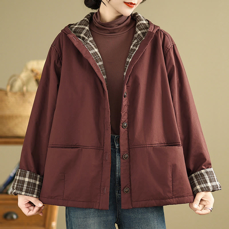 Buddha Stones Plaid Hoodie Pattern Women's Long Sleeve Cotton Thickened Jacket With Pockets - image 5