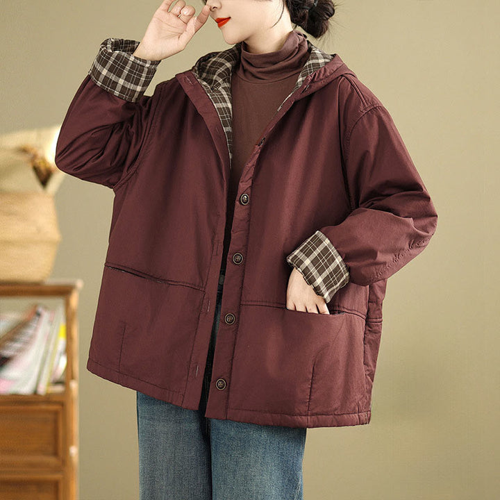 Buddha Stones Plaid Hoodie Pattern Women's Long Sleeve Cotton Thickened Jacket With Pockets - Maroon - US12，UK/AU16，EU44 (XL) - image 4