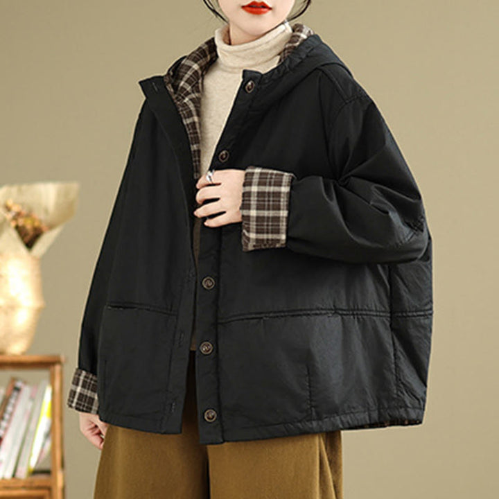 Buddha Stones Plaid Hoodie Pattern Women's Long Sleeve Cotton Thickened Jacket With Pockets - image 14