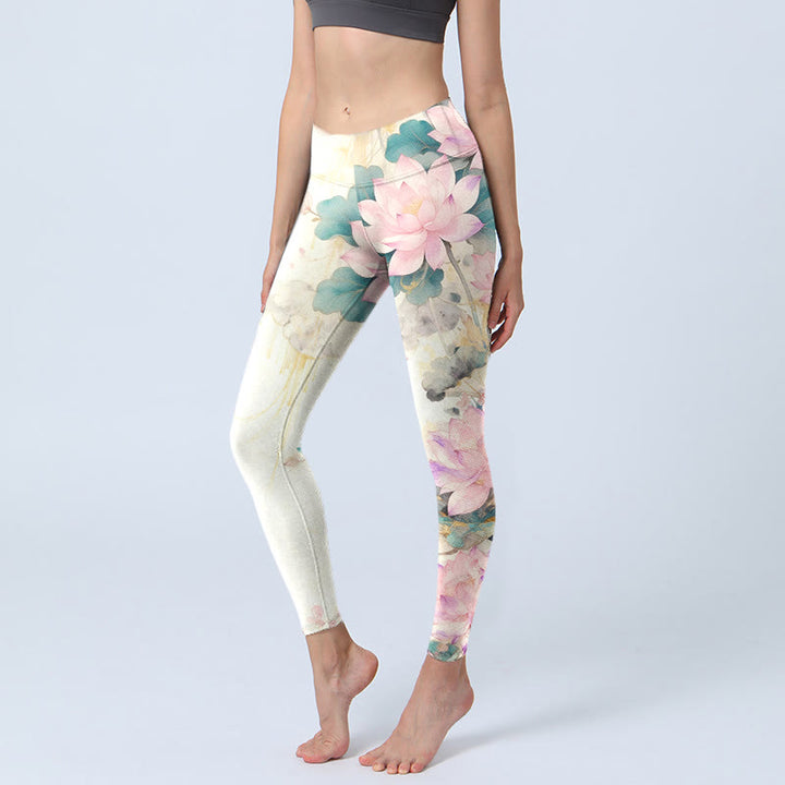Buddha Stones Lotus Petals Leaves Pattern Print Gym Leggings Women's Yoga Pants - GhostWhite - US18，UK/AU22，EU50 (4XL) - image 0
