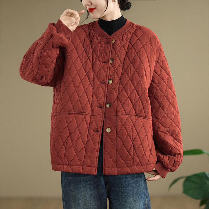 Buddha Stones Diamond Grid Pattern Women's Long Sleeve Cotton Thickened Jacket With Pockets - image 13