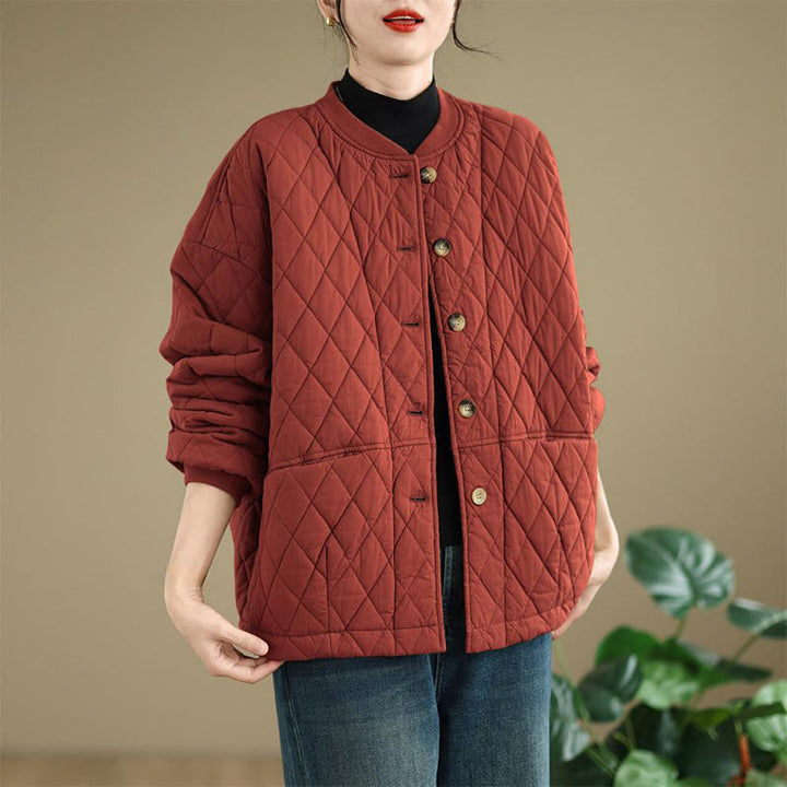 Buddha Stones Diamond Grid Pattern Women's Long Sleeve Cotton Thickened Jacket With Pockets - image 15