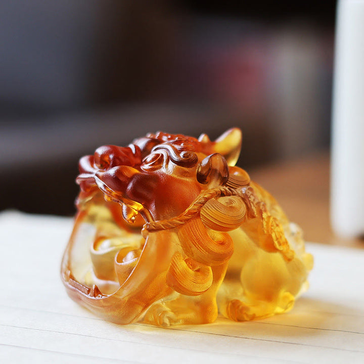 Buddha Stones Handmade Liuli Crystal Gold Swallowing PiXiu Art Piece Home Decoration - Yellow Pixiu 7.8*6.5*5.5 cm - image 0