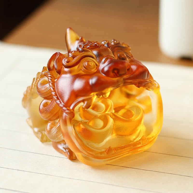 Buddha Stones Handmade Liuli Crystal Gold Swallowing PiXiu Art Piece Home Decoration - image 2