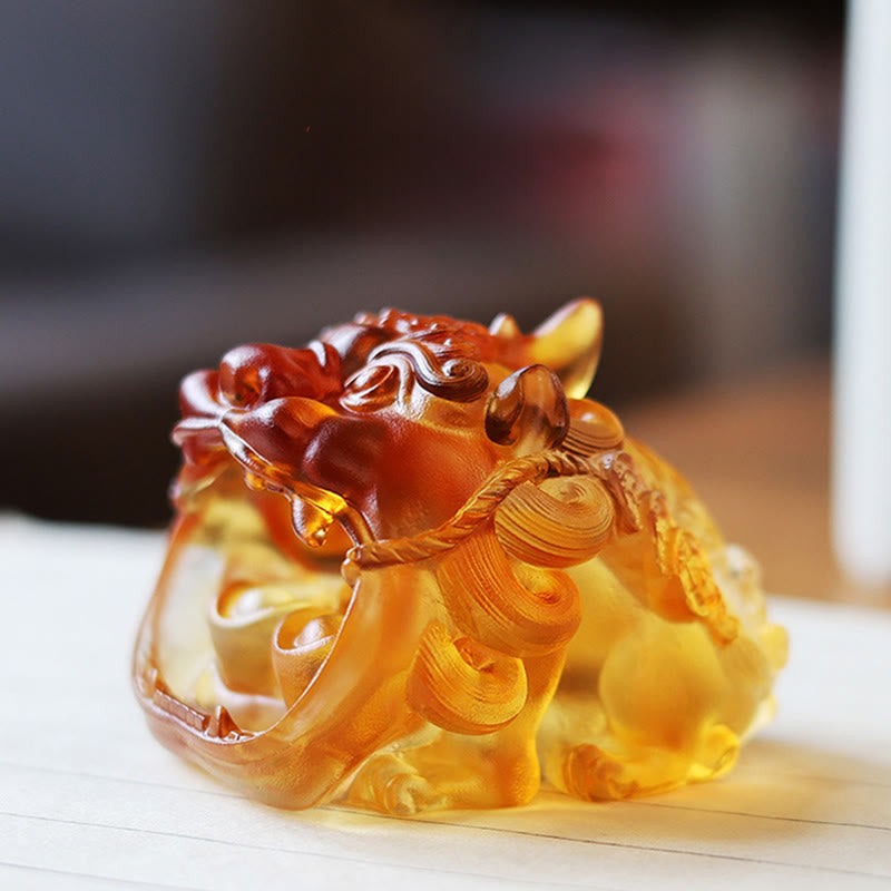 Buddha Stones Handmade Liuli Crystal Gold Swallowing PiXiu Art Piece Home Decoration - image 3