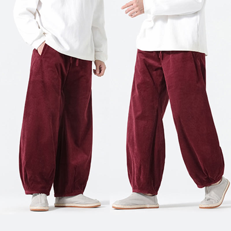 Buddha Stones Spring Pure Color Drawstring Design Corduroy Cotton Men's Harem Pants With Pockets - image 24