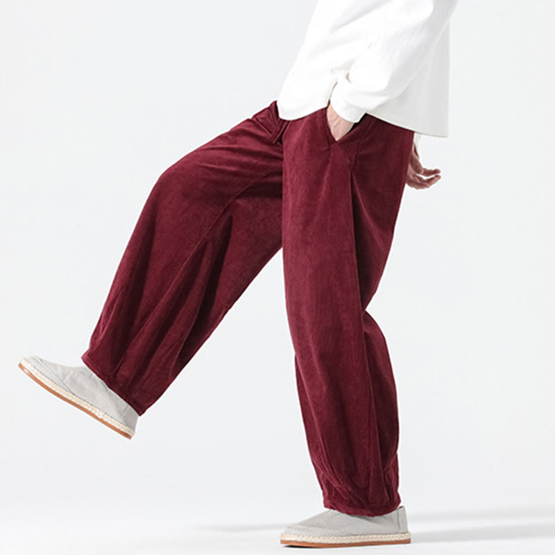 Buddha Stones Spring Pure Color Drawstring Design Corduroy Cotton Men's Harem Pants With Pockets - image 23