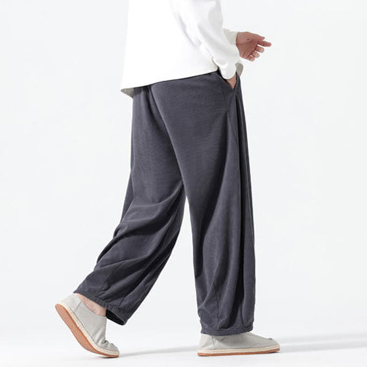 Buddha Stones Spring Pure Color Drawstring Design Corduroy Cotton Men's Harem Pants With Pockets - image 5