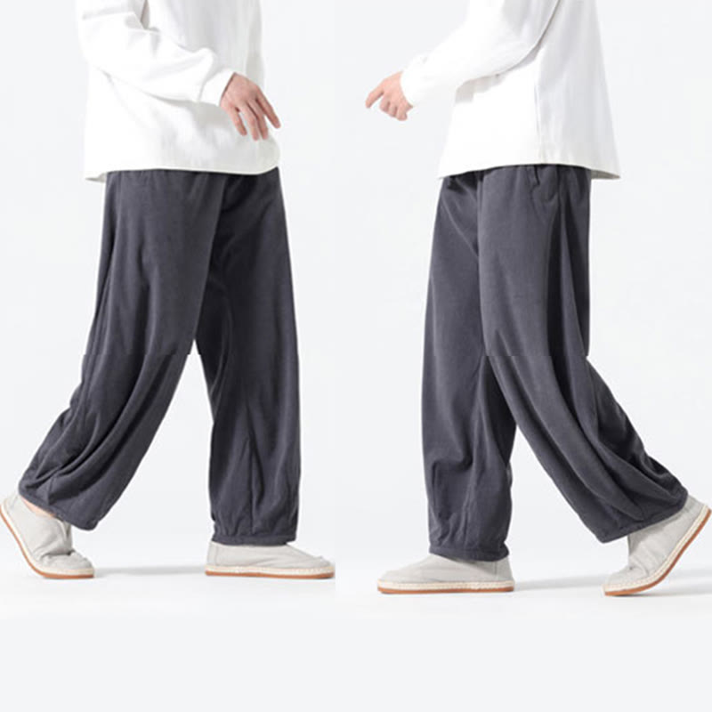 Buddha Stones Spring Pure Color Drawstring Design Corduroy Cotton Men's Harem Pants With Pockets - image 6