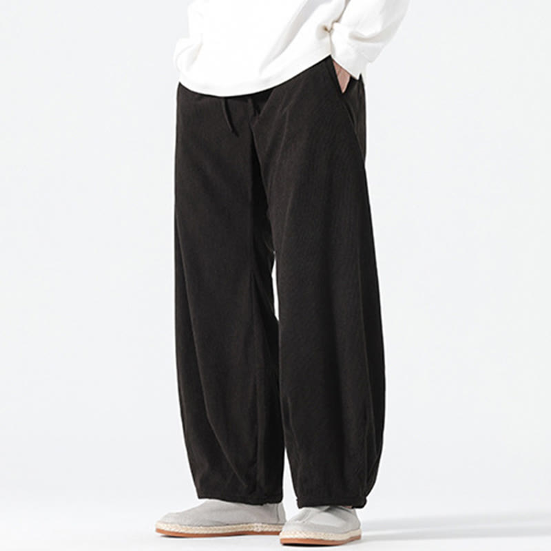 Buddha Stones Spring Pure Color Drawstring Design Corduroy Cotton Men's Harem Pants With Pockets - image 11