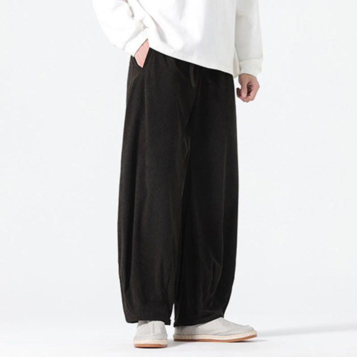 Buddha Stones Spring Pure Color Drawstring Design Corduroy Cotton Men's Harem Pants With Pockets - image 12