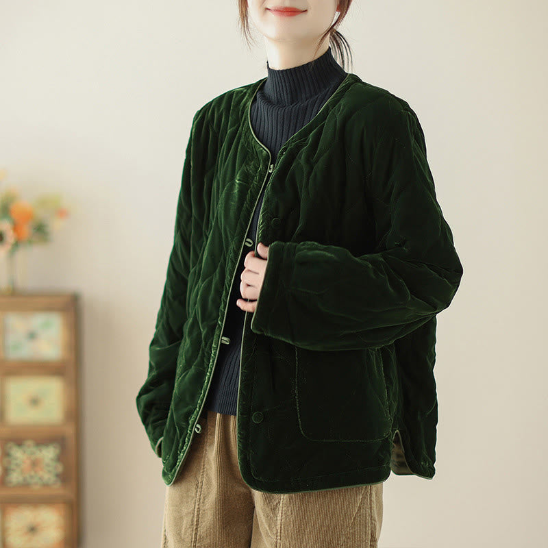 Buddha Stones Diamond Pattern Short Style Women's Long Sleeve Thickened Jacket With Pockets - DarkGreen - US12，UK/AU16，EU44 (2XL) - image 0