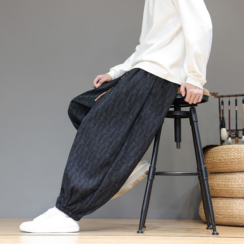 Buddha Stones Fall Jacquard Plaid Pattern Cotton Corduroy Men's Harem Pants With Pockets - image 9