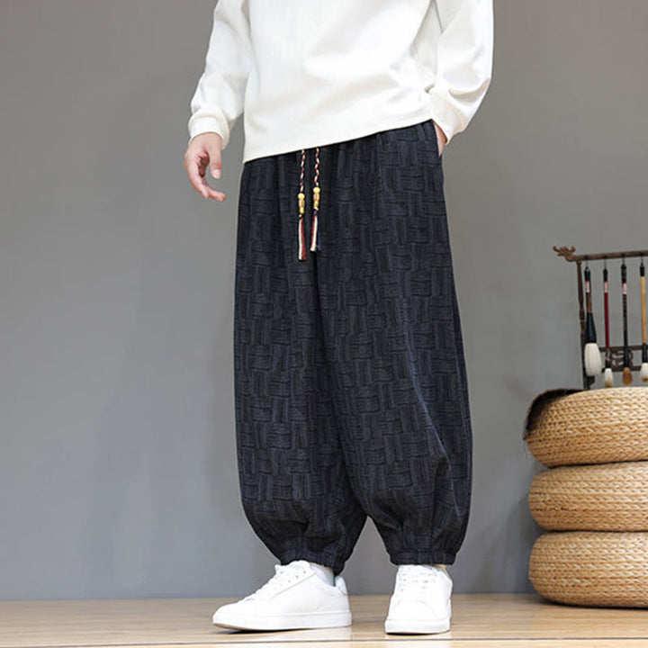 Buddha Stones Fall Jacquard Plaid Pattern Cotton Corduroy Men's Harem Pants With Pockets - image 4