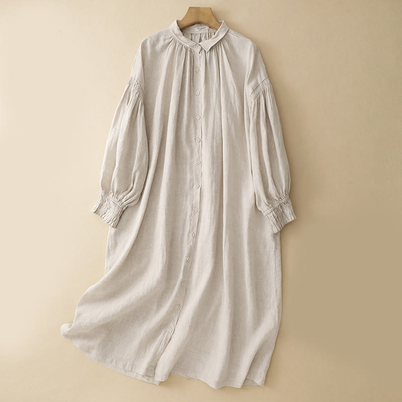 Buddha Stones Beige Buttons Lapel Design Long Sleeve Cotton Midi Dress With Pockets - Beige - US8-10，UK/AU12-14，EU40-42 (2XL) - image 0