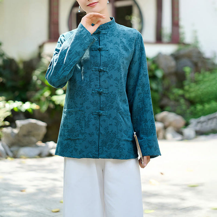 Buddha Stones Frog-Button Long Sleeve Cotton Jacquard Women's Shirt Pants With Pockets - image 2