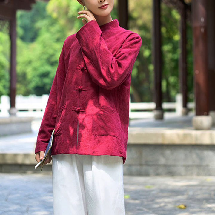 Buddha Stones Frog-Button Long Sleeve Cotton Jacquard Women's Shirt Pants With Pockets - image 9