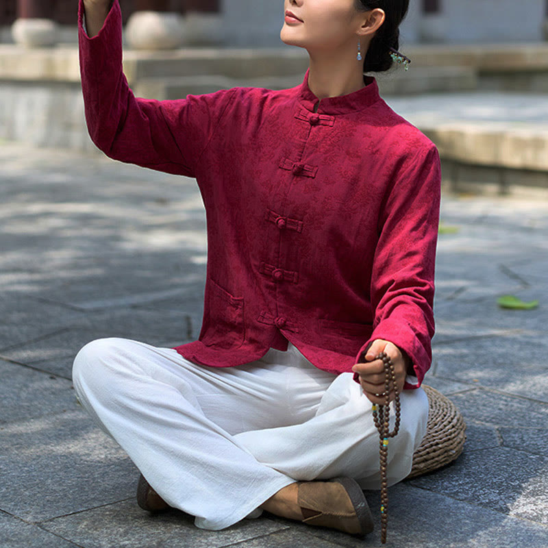 Buddha Stones Frog-Button Long Sleeve Cotton Jacquard Women's Shirt Pants With Pockets - image 18