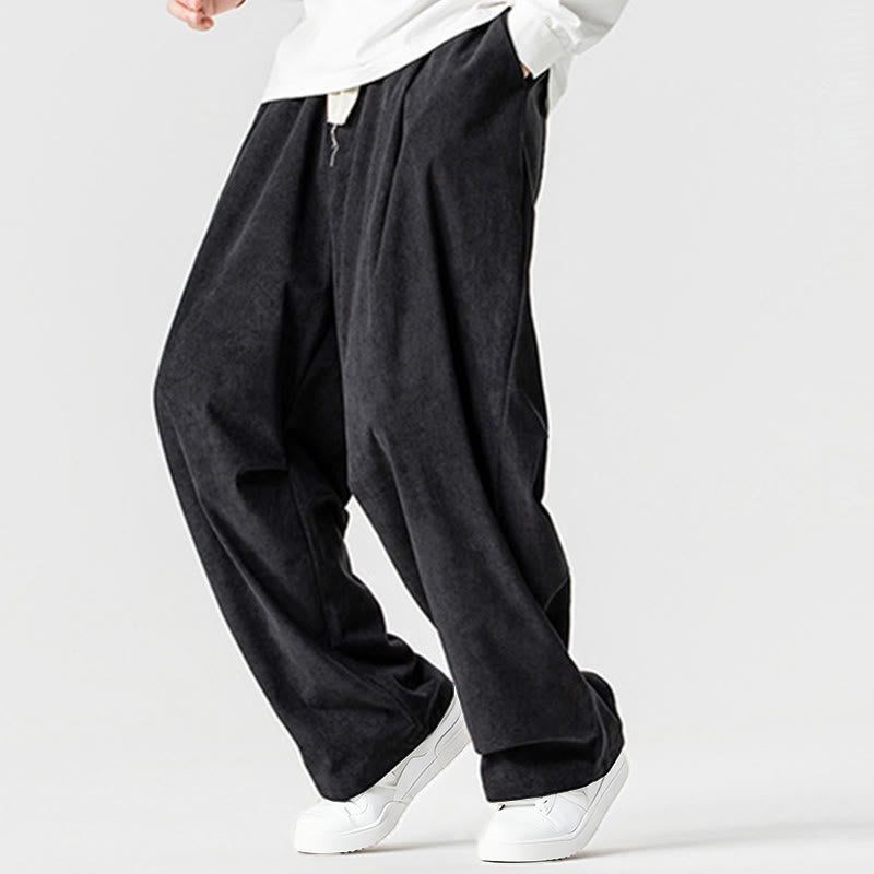 Buddha Stones Winter Drawstring Corduroy Cotton Men's Wide Leg Pants With Pockets - image 36