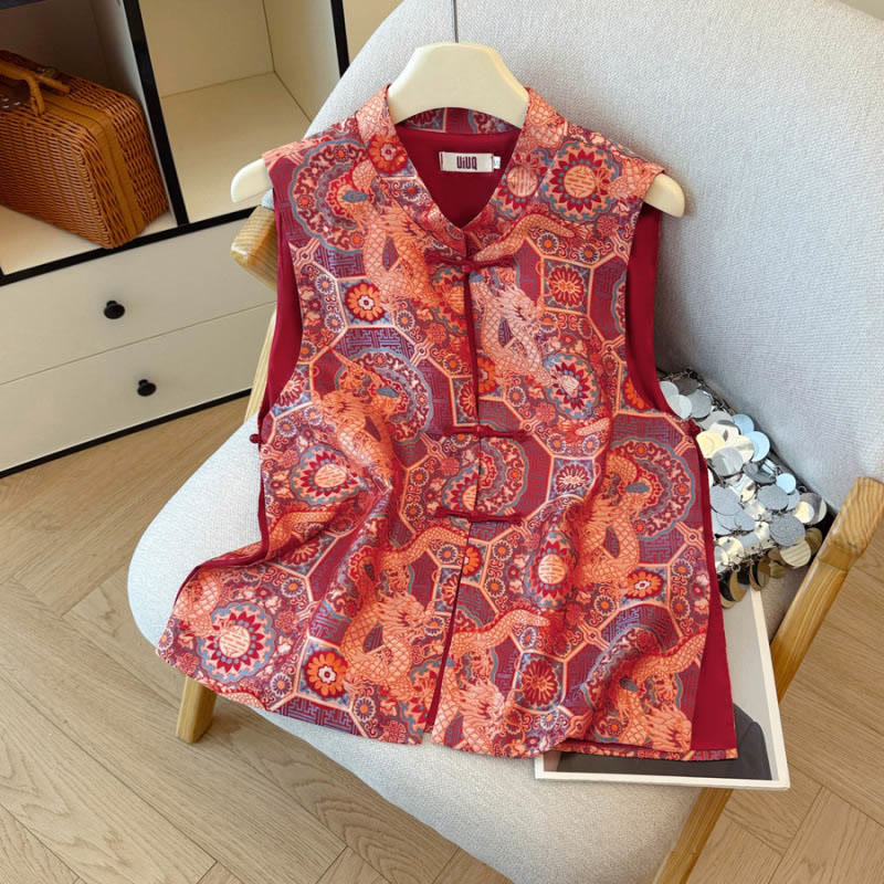 Buddha Stones Frog-Button Dragon Flower Bamboo Jacquard Design Women's Vest Waistcoat Shirt - Red Vest - US8-10，UK/AU12-14，EU40-42 (2XL) - image 1