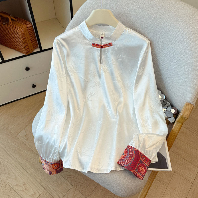 Buddha Stones Frog-Button Dragon Flower Bamboo Jacquard Design Women's Vest Waistcoat Shirt - White Shirt - US8-10，UK/AU12-14，EU40-42 (2XL) - image 8