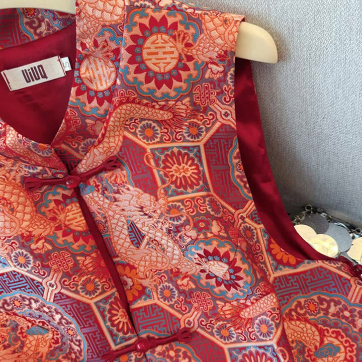 Buddha Stones Frog-Button Dragon Flower Bamboo Jacquard Design Women's Vest Waistcoat Shirt - image 4