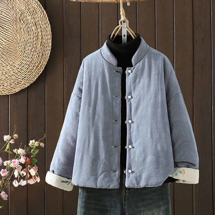 Buddha Stones Frog-button Solid Color Pattern Women's Long Sleeve Cotton Thick Jacket With Floral Cuffs - LightSteelBlue - US8-10，UK/AU12-14，EU40-42 (2XL) - image 0