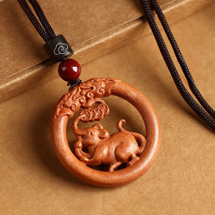 Buddha Stones Peach Wood  Chinese Zodiac Year Of The Horse  Ward Off Evil Spirits Necklace Pendants - Peach Wood-Rat - Brown Rope - image 8