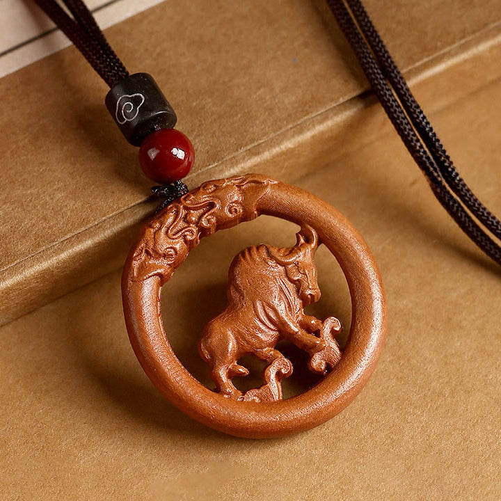 Buddha Stones Peach Wood  Chinese Zodiac Year Of The Horse  Ward Off Evil Spirits Necklace Pendants - Peach Wood-Ox - Brown Rope - image 15