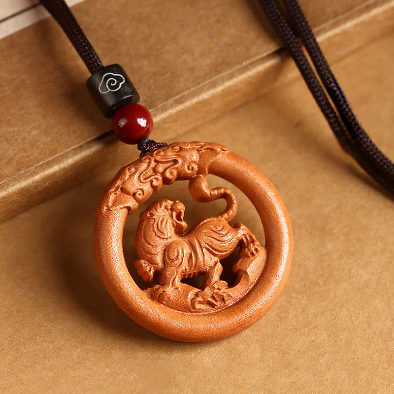 Buddha Stones Peach Wood  Chinese Zodiac Year Of The Horse  Ward Off Evil Spirits Necklace Pendants - Peach Wood-Tiger - Brown Rope - image 12