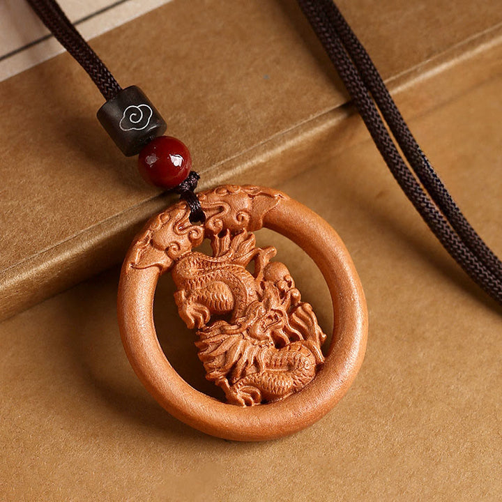Buddha Stones Peach Wood  Chinese Zodiac Year Of The Horse  Ward Off Evil Spirits Necklace Pendants - Peach Wood-Dragon - Brown Rope - image 21
