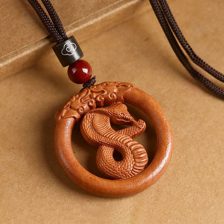 Buddha Stones Peach Wood  Chinese Zodiac Year Of The Horse  Ward Off Evil Spirits Necklace Pendants - Peach Wood-Snake - Brown Rope - image 18
