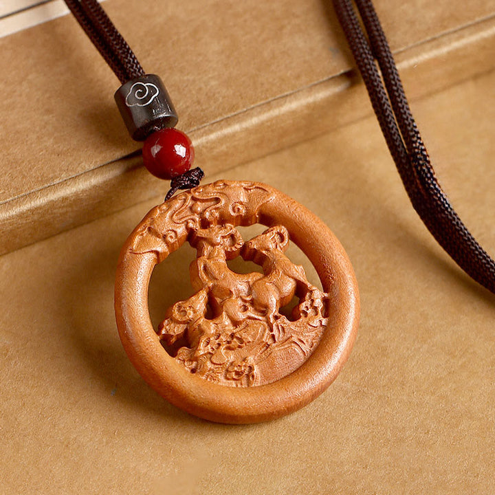 Buddha Stones Peach Wood  Chinese Zodiac Year Of The Horse  Ward Off Evil Spirits Necklace Pendants - Peach Wood-Goat - Brown Rope - image 26