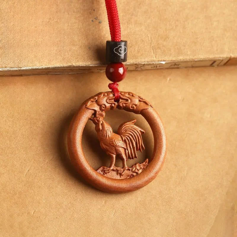 Buddha Stones Peach Wood  Chinese Zodiac Year Of The Horse  Ward Off Evil Spirits Necklace Pendants - Peach Wood-Rooster - Red Rope - image 25