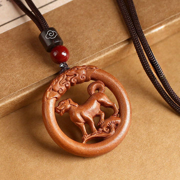 Buddha Stones Peach Wood  Chinese Zodiac Year Of The Horse  Ward Off Evil Spirits Necklace Pendants - Peach Wood-Dog - Brown Rope - image 26