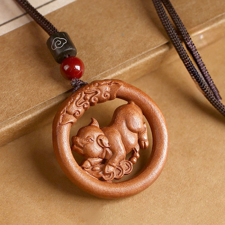 Buddha Stones Peach Wood  Chinese Zodiac Year Of The Horse  Ward Off Evil Spirits Necklace Pendants - Peach Wood-Pig - Brown Rope - image 34