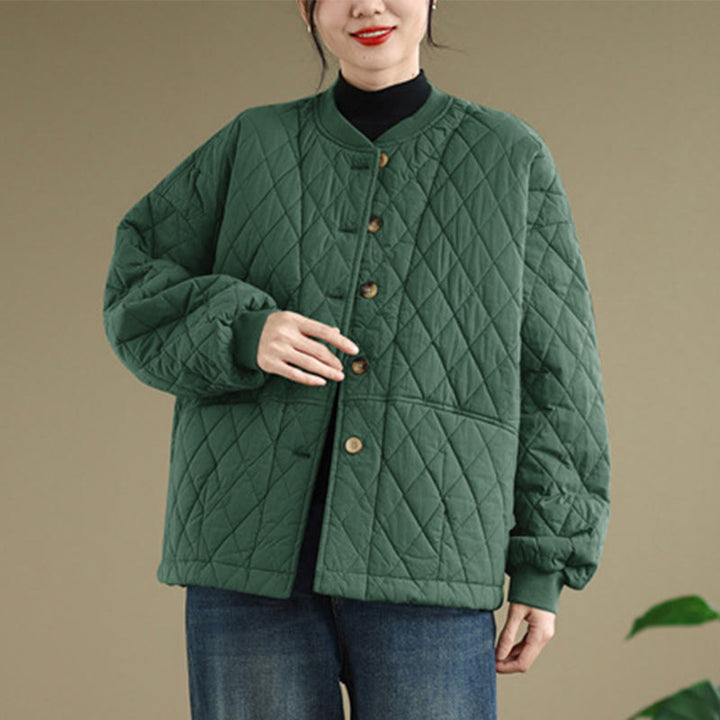 Buddha Stones Diamond Grid Pattern Women's Long Sleeve Cotton Thickened Jacket With Pockets - image 10
