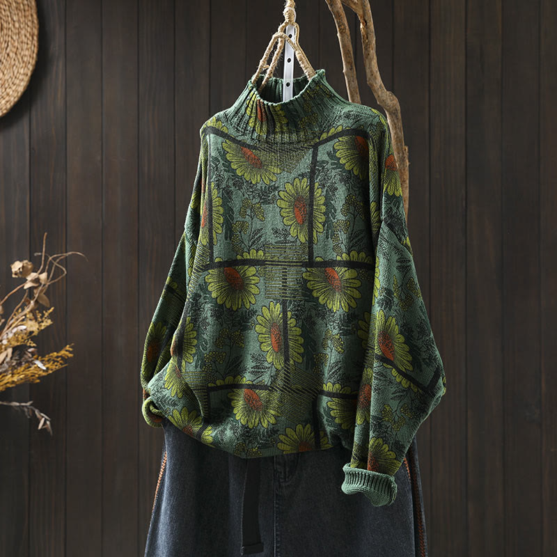 Buddha Stones Sunflower Pattern Mock Neck Long Sleeve Women's Cotton Sweater - SeaGreen - US4-8/10，UK/AU8-12/14，EU36-40/42 (F) - image 15