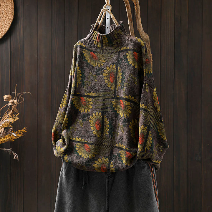 Buddha Stones Sunflower Pattern Mock Neck Long Sleeve Women's Cotton Sweater - Maroon - US4-8/10，UK/AU8-12/14，EU36-40/42 (F) - image 17