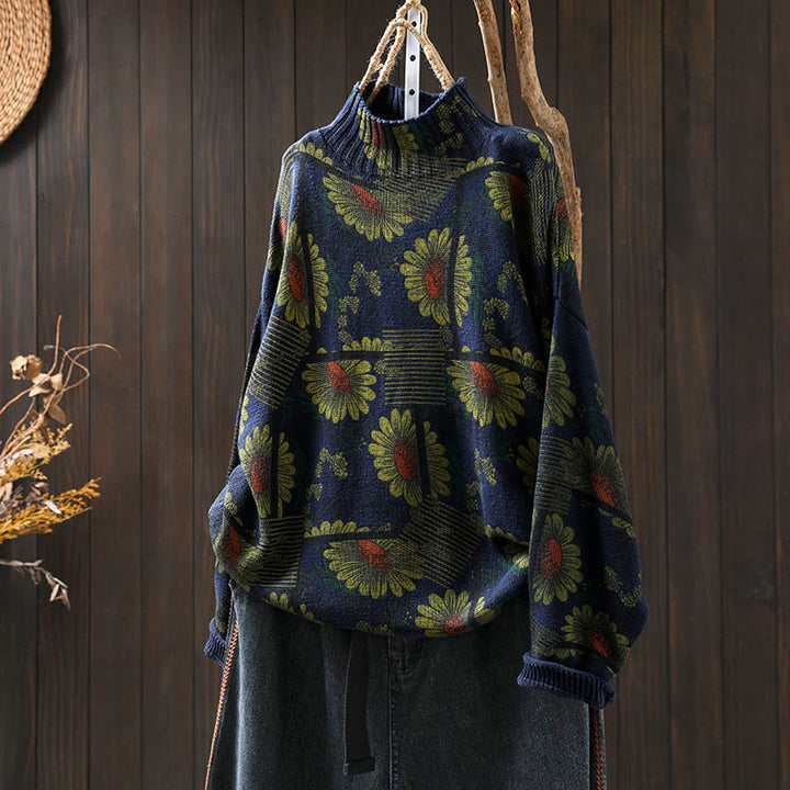 Buddha Stones Sunflower Pattern Mock Neck Long Sleeve Women's Cotton Sweater - MidnightBlue - US4-8/10，UK/AU8-12/14，EU36-40/42 (F) - image 2